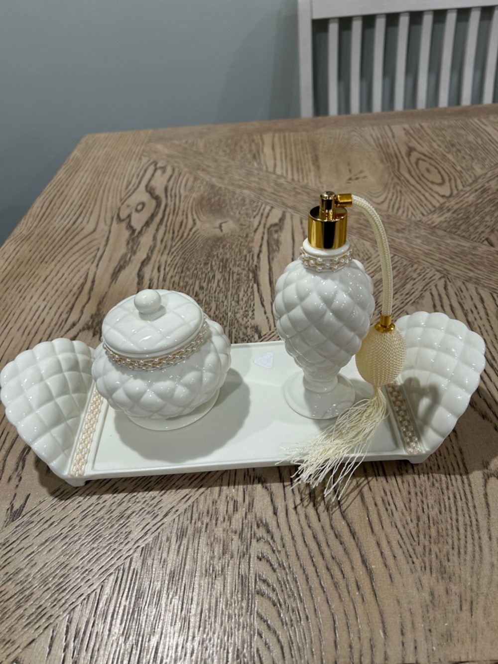 Vintage Avon White Quilted Ceramic Vanity Set with Gold Accents